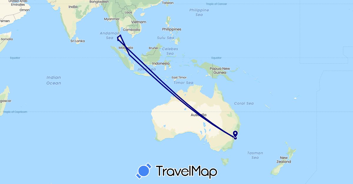 TravelMap itinerary: driving in Australia, Singapore, Thailand (Asia, Oceania)